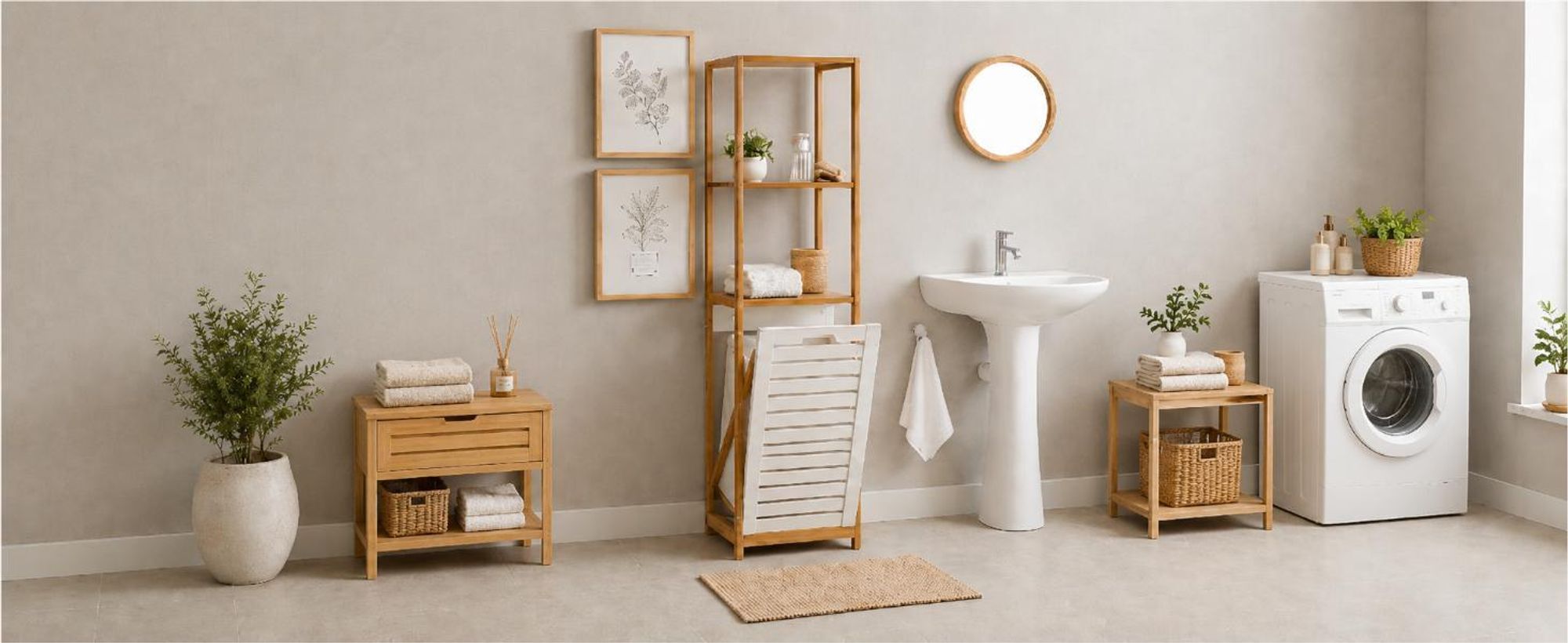 BEGRYF Bambus Wäscheschrank mit Wäschebehälter & Regal – 130 cm hoher Badezimmer‑Organizer mit 2 Regalböden & Stoff‑Wäschekorb