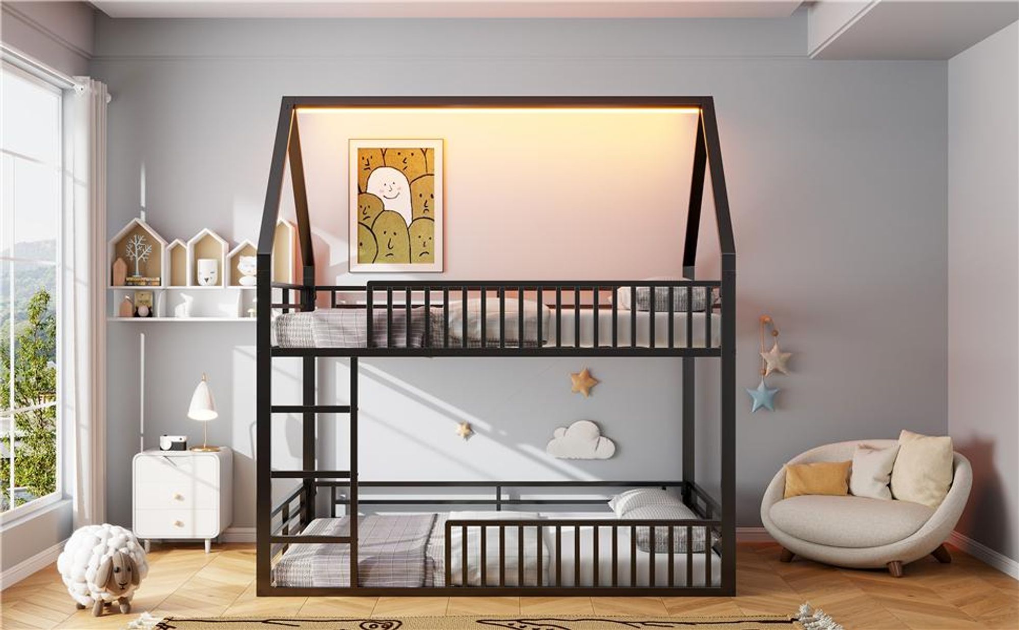 Merax Etagenbett Hochbett 140x200 cm, Kinderbett mit LED, Schreibtisch, offenem Kleiderschrank, Stockbett, Eisenbett, Jugendbett, Schwarz