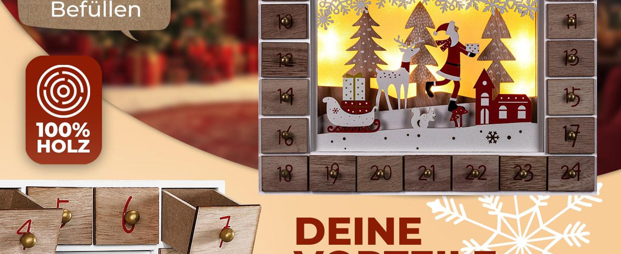 SPIELWERK® Adventskalender zum selbst Befüllen Nachhaltig LED warmweiß 24 Türchen Weihnachtskalender DIY Holz Kinder Wiederverwendbar Winterlandschaft