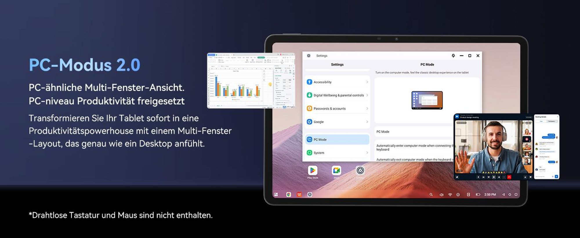 Blackview Mega3 Tablet incl. Stift/Hülle 12.1", 2.5K FHD, Android 15, 32GB (8 GB + 24 GB) RAM + 256 GB ROM, 8800mAh, 4G LTE, 50MP, Helio G100