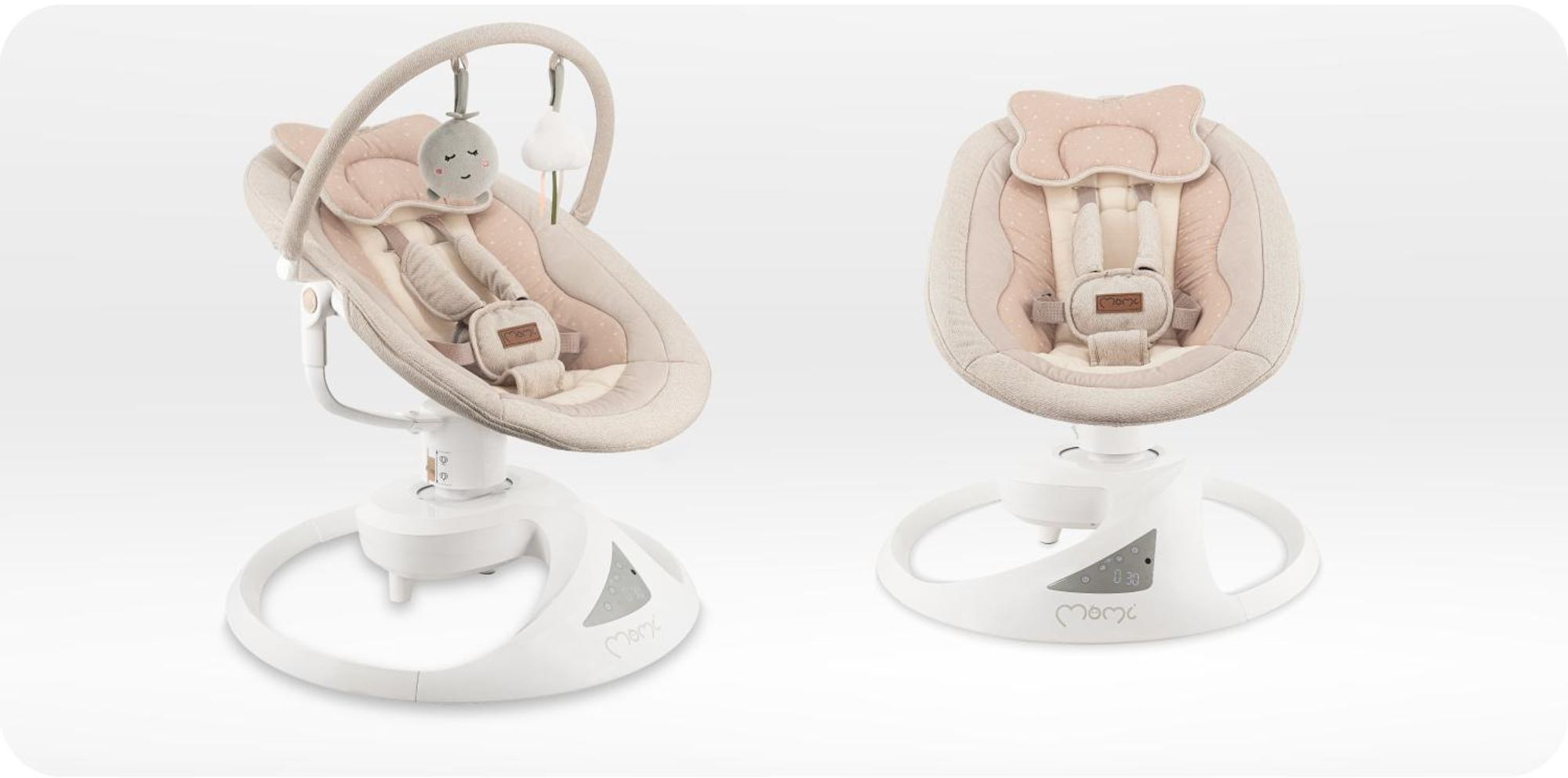 MoMi PEARL – Babywippe mit Bluetooth, 360° Sitzdrehung, 2 Modi, Nummern‑Panel – Beige