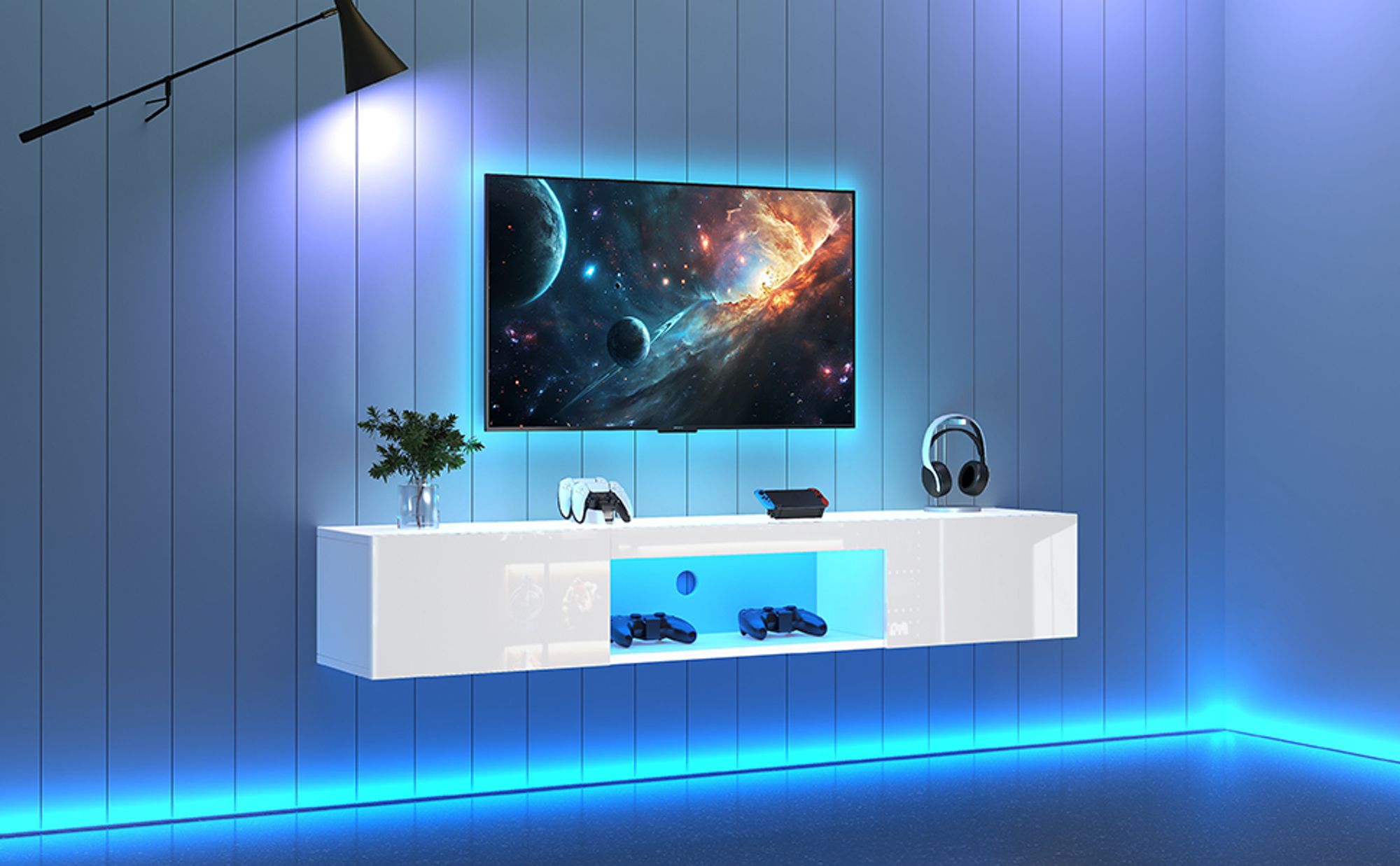 Merax TV-Lowboard hängend Fernsehtisch mit Türen und offenes Fach, hochglanz TV-Schrank mit LED, TV-Ständer mit APP, B:160cm, Weiß