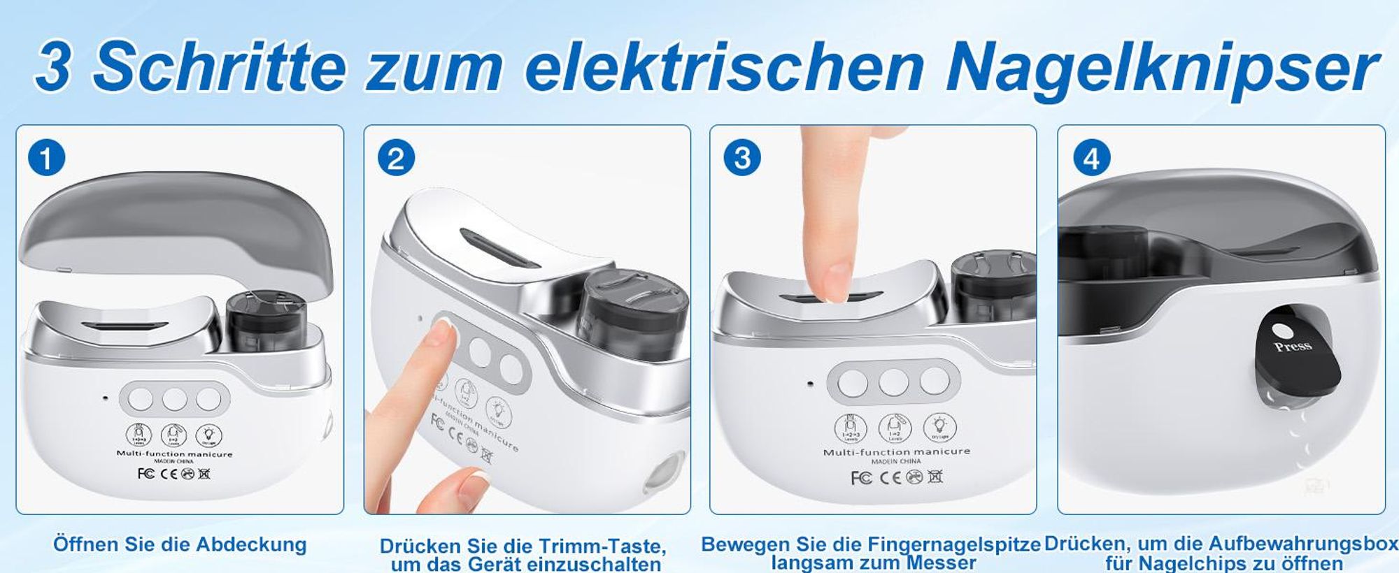 Elektrischer Nagelknipser, Elektrischer Nagelschneider, automatische Nagelfeile, Nageltrimmer mit Nagellampe, 3 Stufen, leise & wiederaufladbar