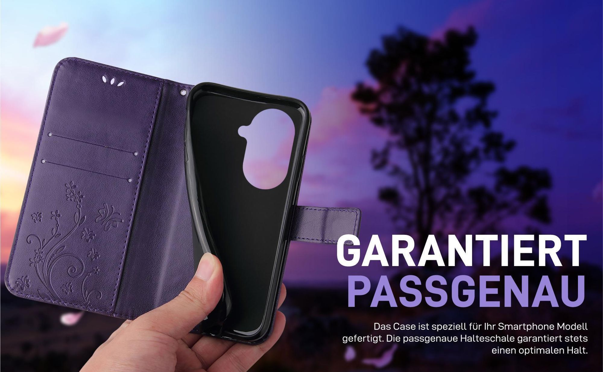 Handyhülle für Xiaomi Redmi A5 Floral Blumen Schmetterling Flip Cover Hülle Case Klapphülle Handytasche Farbe: Violett