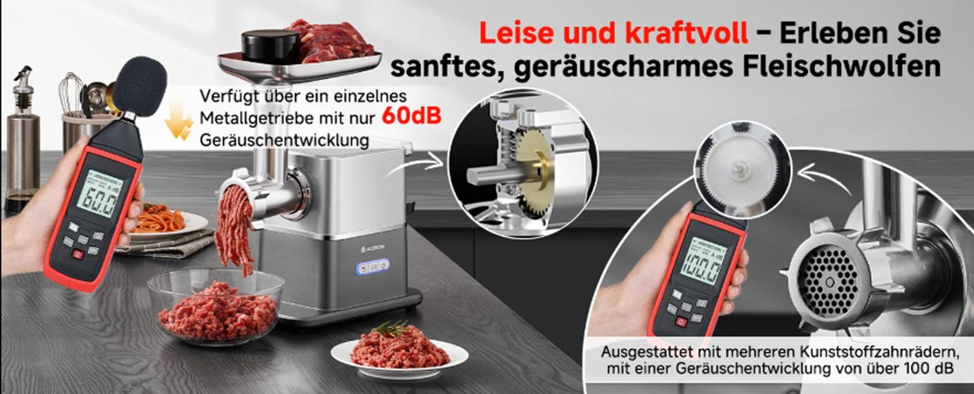 AOBOSI Elektrischer Fleischwolf 3000W Max, Leiser DC-Motor 60dB, 3 Geschwindigkeiten, 3 Edelstahlscheiben, Wurst- & Kibbe-Zubehör