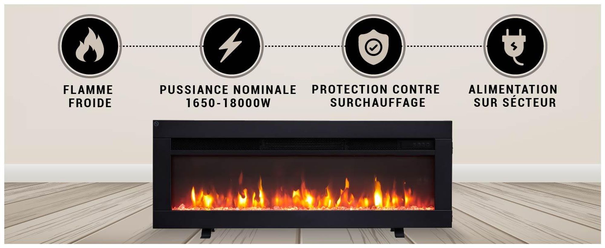Cheminée électrique encastrable BALDERIA Agnes 36 – Puissance de chauffage jusqu'à 1 800 W, noire