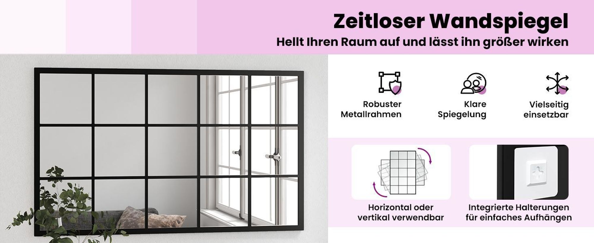 vidaXL Wandspiegel Schwarz 100x60 cm Metall