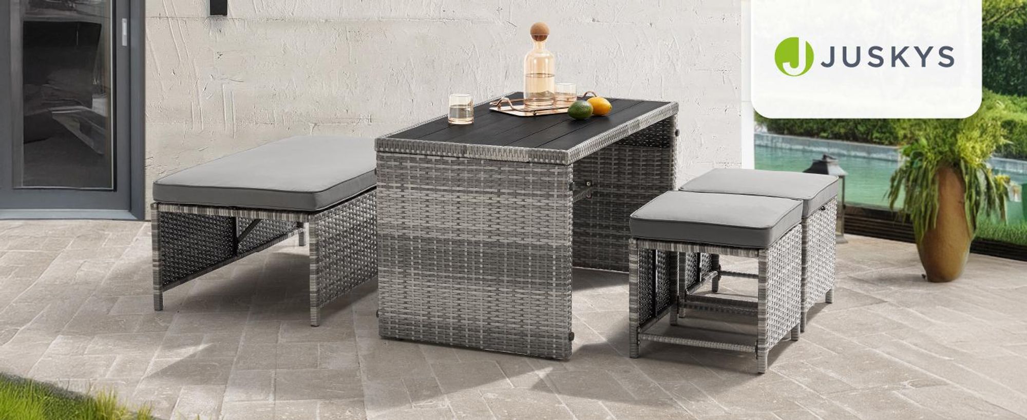 Juskys 2in1 Polyrattan Relax Gartenmöbel Set Jamaika - Tisch, Gartenlounge Sofa - Balkonmöbel Sitzgruppe für Balkon, Garten - Outdoor Lounge grau-meliert