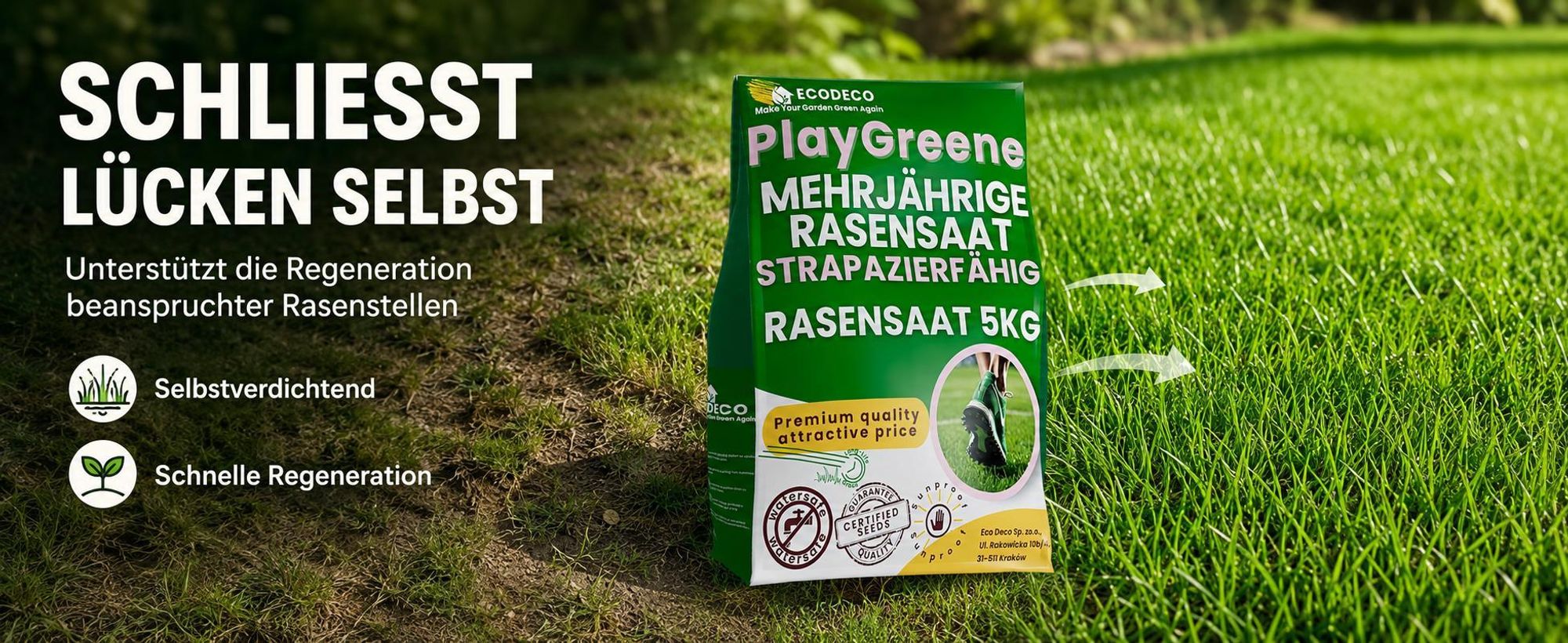 EcoDeco Rasensamen 5kg Sport und Spielrasen, schnellkeimender Rasensamen, selbstverdichtend, strapazierfähig, Rasenreparaturmischung