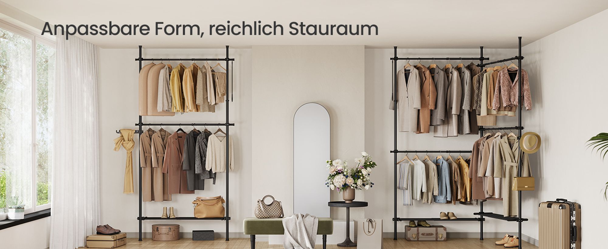 SONGMICS Kleiderständer deckenhoch, 3-stufige Garderobe, verstellbar, mit Greifarm, 2 Reihe