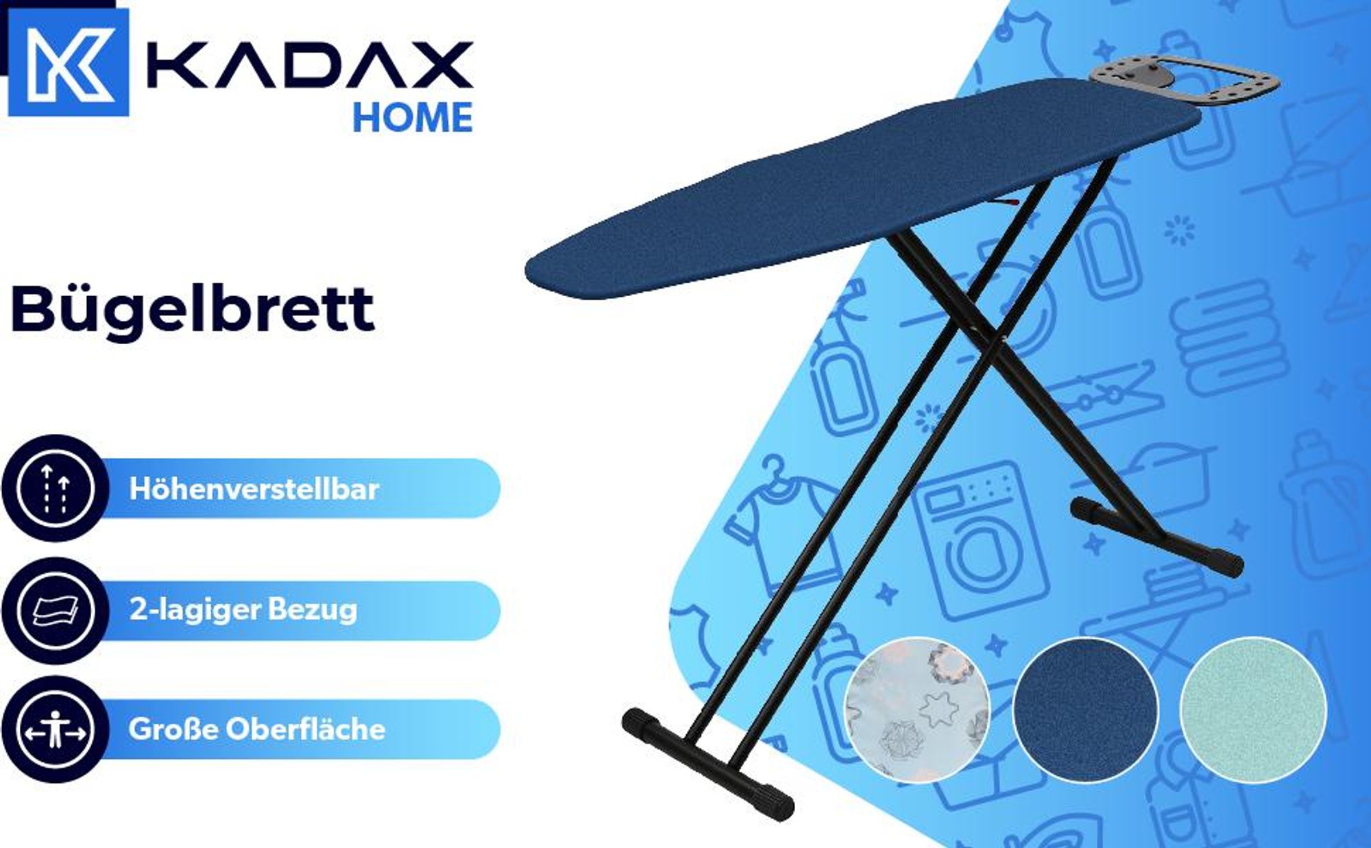 KADAX klappbares Bügelbrett, groß, 120 x 38 cm breit, Standard mit Griff