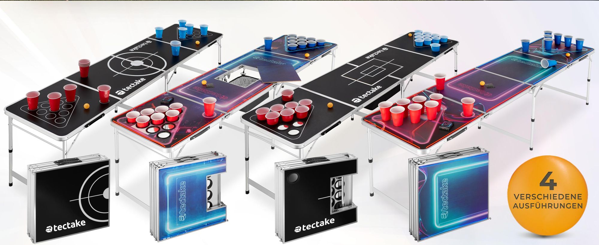 tectake® Aluminium Bierpongtisch BeerWars II mit Eisfach, Becherlöchern, LED-Beleuchtung inklusive 100 Bechern, 6 Bällen und Kartentrinkspiel