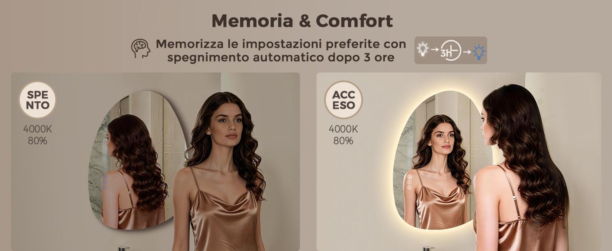 S'AFIELINA specchio da bagno con illuminazione 75×55cm Specchio da parete con interruttore a LED 3 colori di luce e dimmerabile, antiappannamento e funzione memoria