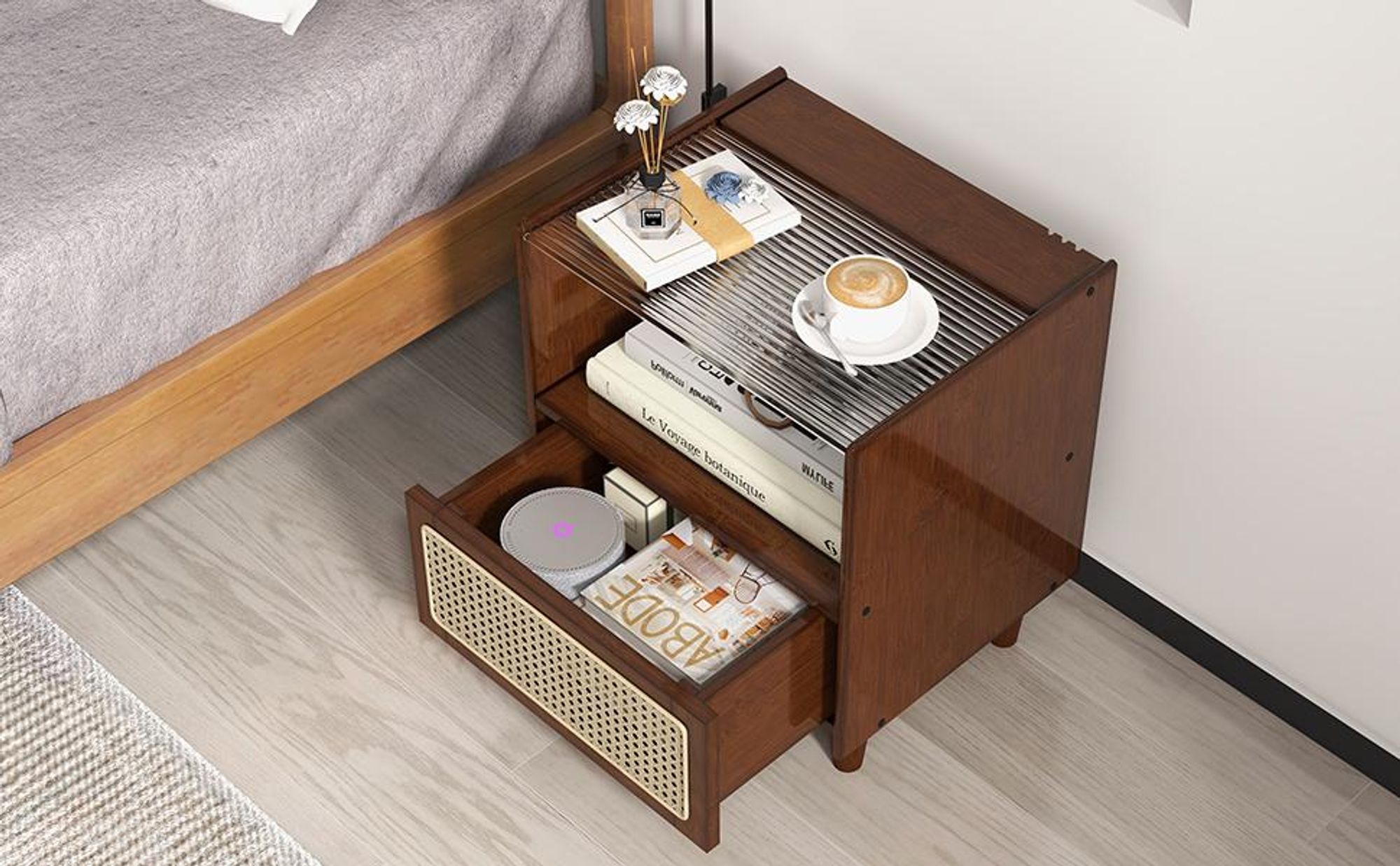 COSTWAY 2er Set Nachttisch aus Bambus & Rattan mit Schublade, Beistelltisch mit Glastischplatte und offenem Fach, Sofatisch, Nachtschrank, Boho-Nachtkonsole für Schlafzimmer, 43 x 35 x 50 cm