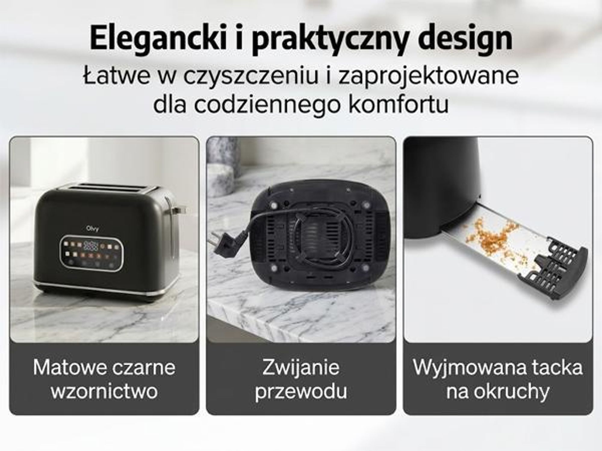 Toster Olvy, ekran dotykowy z timerem, 7 stopni opalania, bardzo szerokie szczeliny, 6 programów, w tym bagel i gofr, funkcja rozmrażania i podgrzewania, czarny
