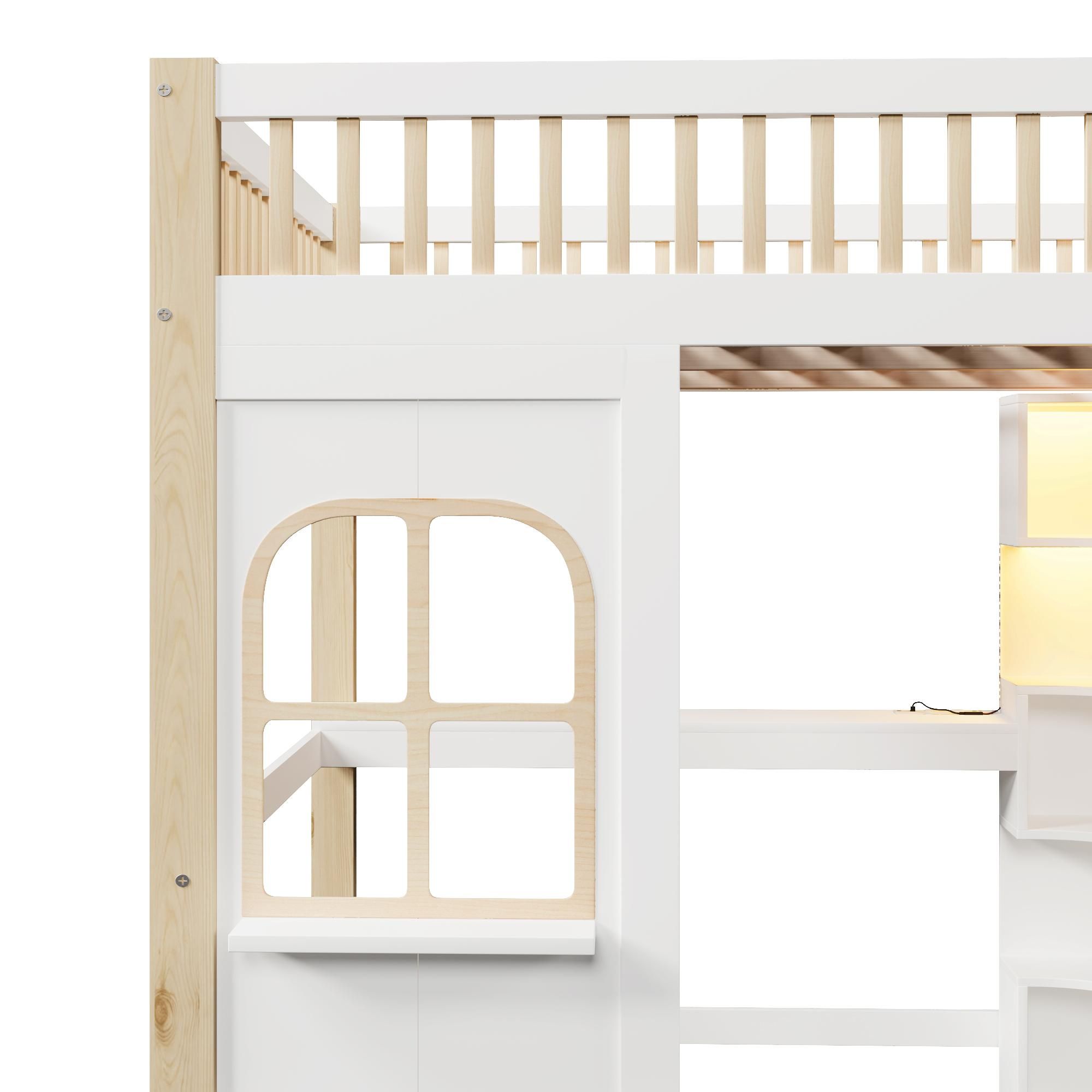 Flieks Etagenbett 140x200cm mit Schreibtisch und Ladefunktion, Kinderbett Hausbett mit Regal, Hochbett Doppelbett mit Led, Stockbett Naturbelassen