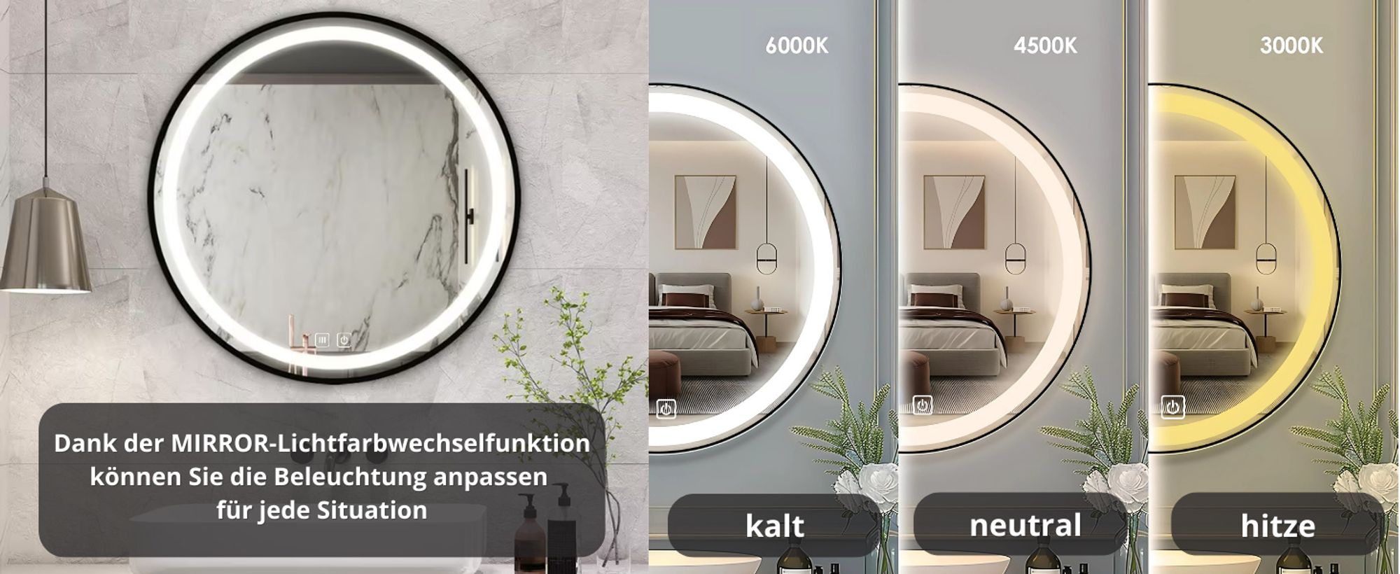 LED Badezimmerspiegel Rund 80 cm – Badspiegel mit LED Beleuchtung, Touch-Schalter, Anti-Beschlag, 3 Lichtfarben, Schwarzer Rahmen – SAVE HOME