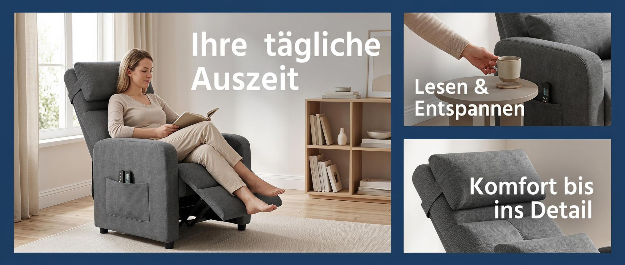 Elektrischer Relaxsessel mit Massage, Fernsehsessel Elektrisch Grau mit Liegefunktion, TV Sessel Elektrisch, Liegesessel 90°–150° verstellbar, Wohnzim