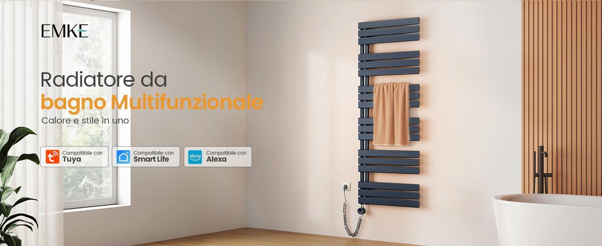 EMKE Radiatore da bagno elettrico con controllo tramite app Wi-Fi Termostato Scaldasalviette 1320 x 500 mm Antracite Portasciugamani 800 W Asciugamani