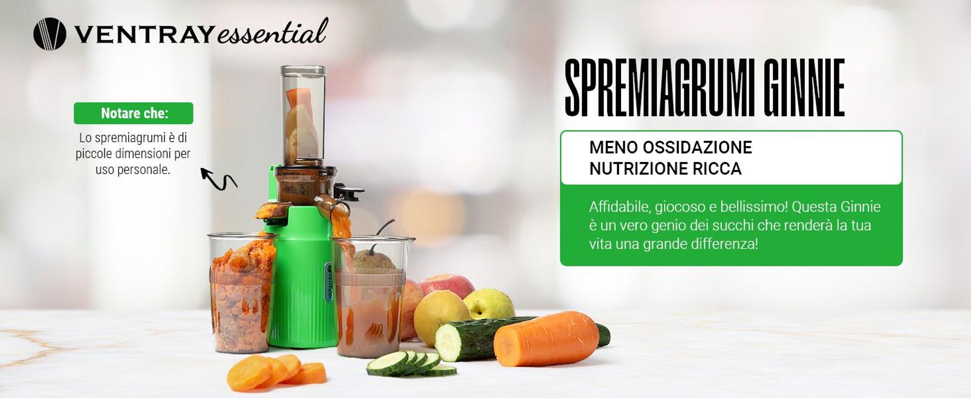 Ventray Essential Ginnie Juicer - Spremiagrumi lento a pressione fredda, compatto e silenzioso (60 giri/min, apertura di alimentazione 45 mm), senza BPA, tappo di sicurezza, 400 ml