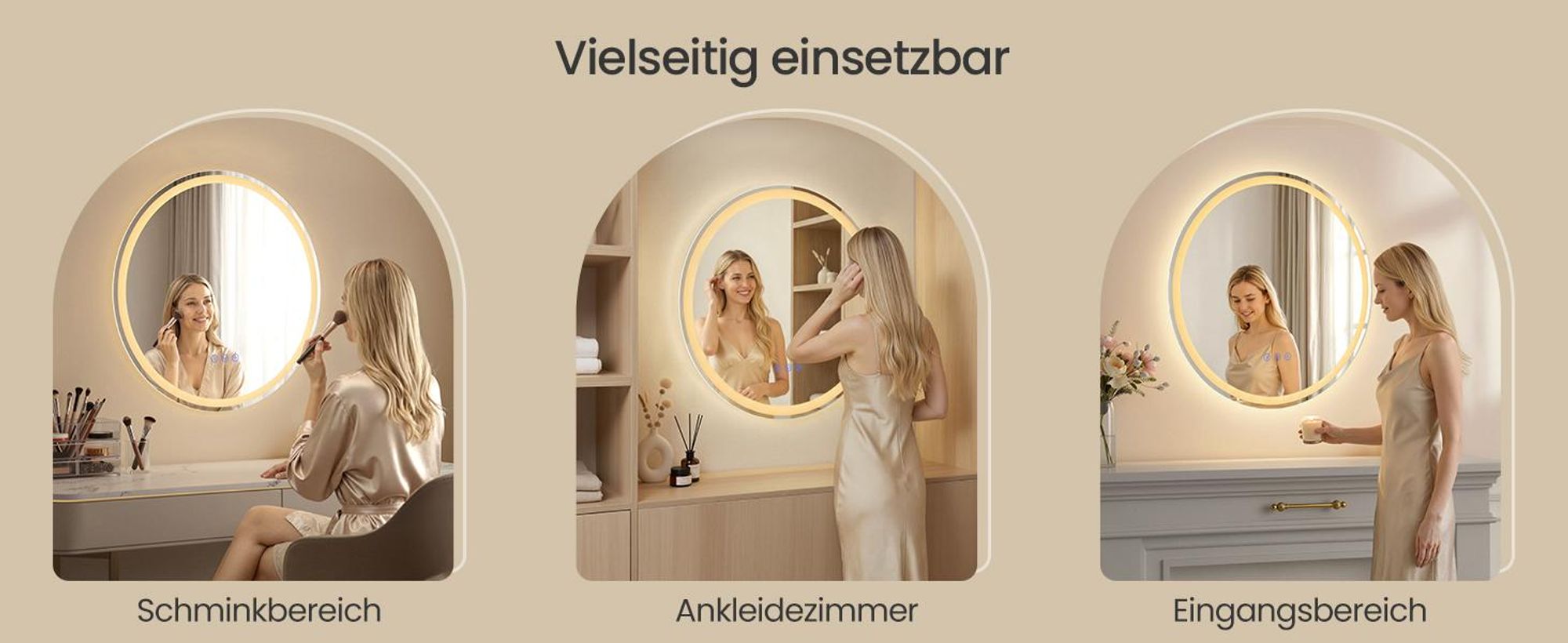 SONGMICS Runder Badspiegel, LED Wandspiegel, Badezimmerspiegel einstellbarer Helligkeit, für Schlafzimmer, 51 cm, weiß