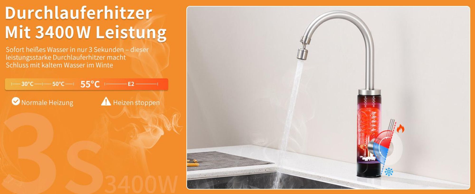 Elektrische Küchenarmatur mit Durchlauferhitzer, Gebürstet Wasserhahn Küche mit LED Temperaturanzeige,Smart Heater Wasserhahn 360° drehbar
