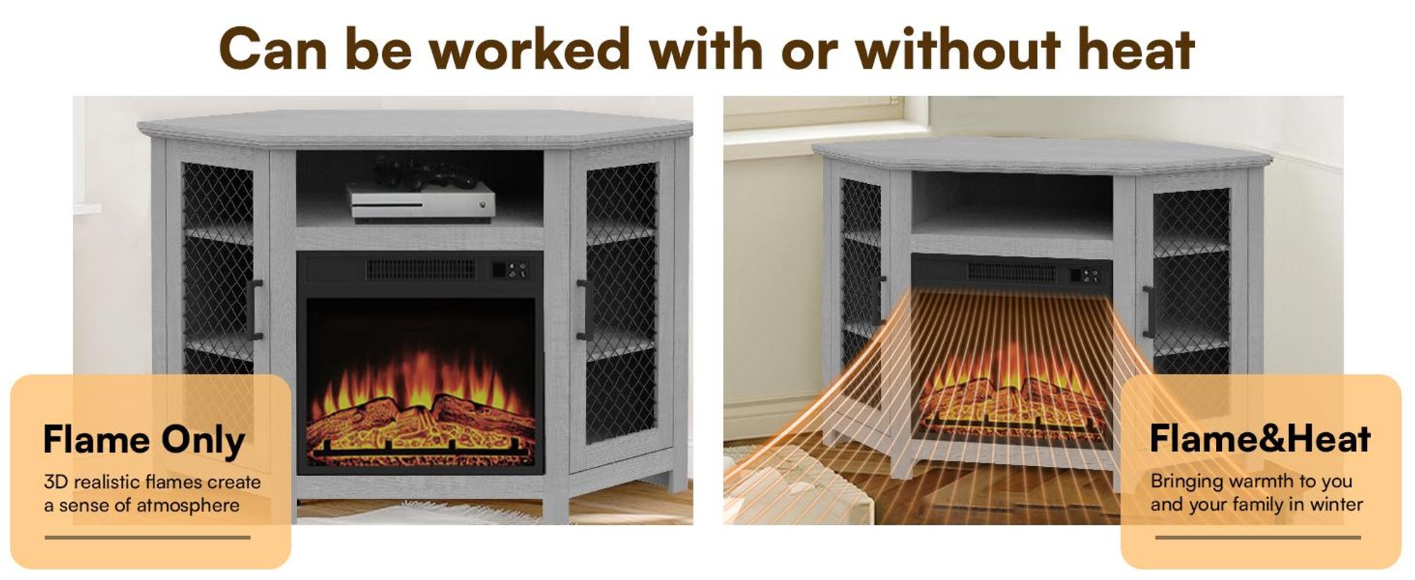 Parrot Uncle TV-Schrank für Fernseher bis 55 Zoll, MDF, Grau , mit 18" Elektrokamin, eignet sich für Eckaufstellung, 114x 56x 76 cm, 45 kg Tragkraft