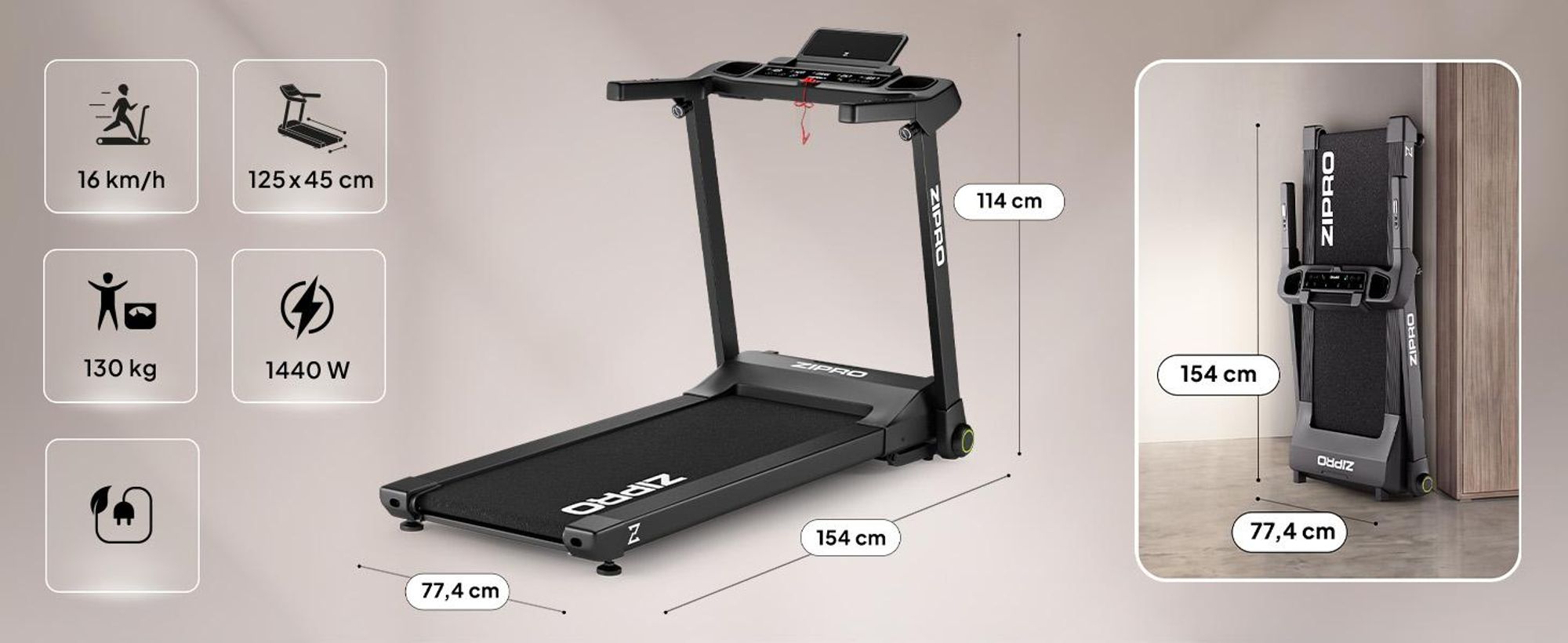 Zipro RAMBLE Flach Zusammenklappbares Laufband, Modernes Trainingslaufband, mit Neigungswinkelverstellung, Effizienter bis zu 16 km, Trainingsprograme