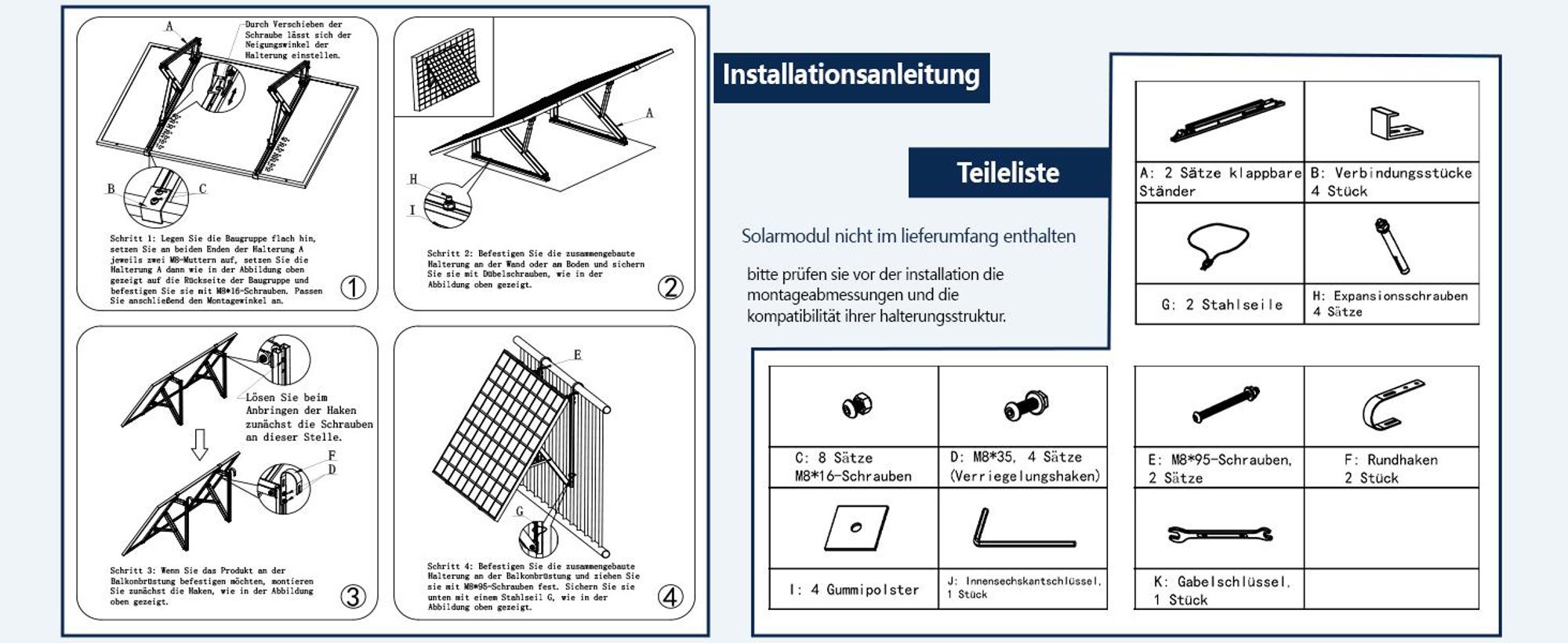 Schwerlast Balkonkraftwerk Halterung für 1 Solarmodul 400–600 W, bis 1134 mm, 10°–40° verstellbar, Aluminium, für Balkon, Flachdach & Wand
