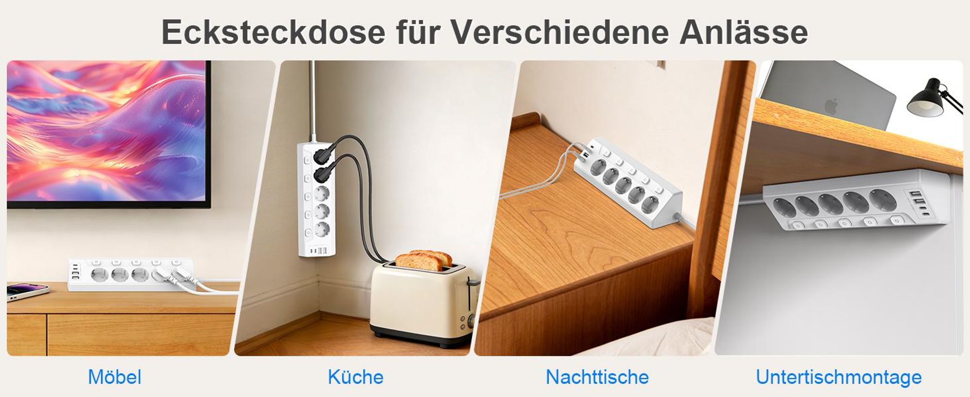 Steckdosenleiste, Steckdosenadapter, EU Steckdose, 5 Fach Mehrfachstecker, Verteilersteckdose, Tischsteckdose, mit 4 USB+2 USB C,2M Verlängerungskabel