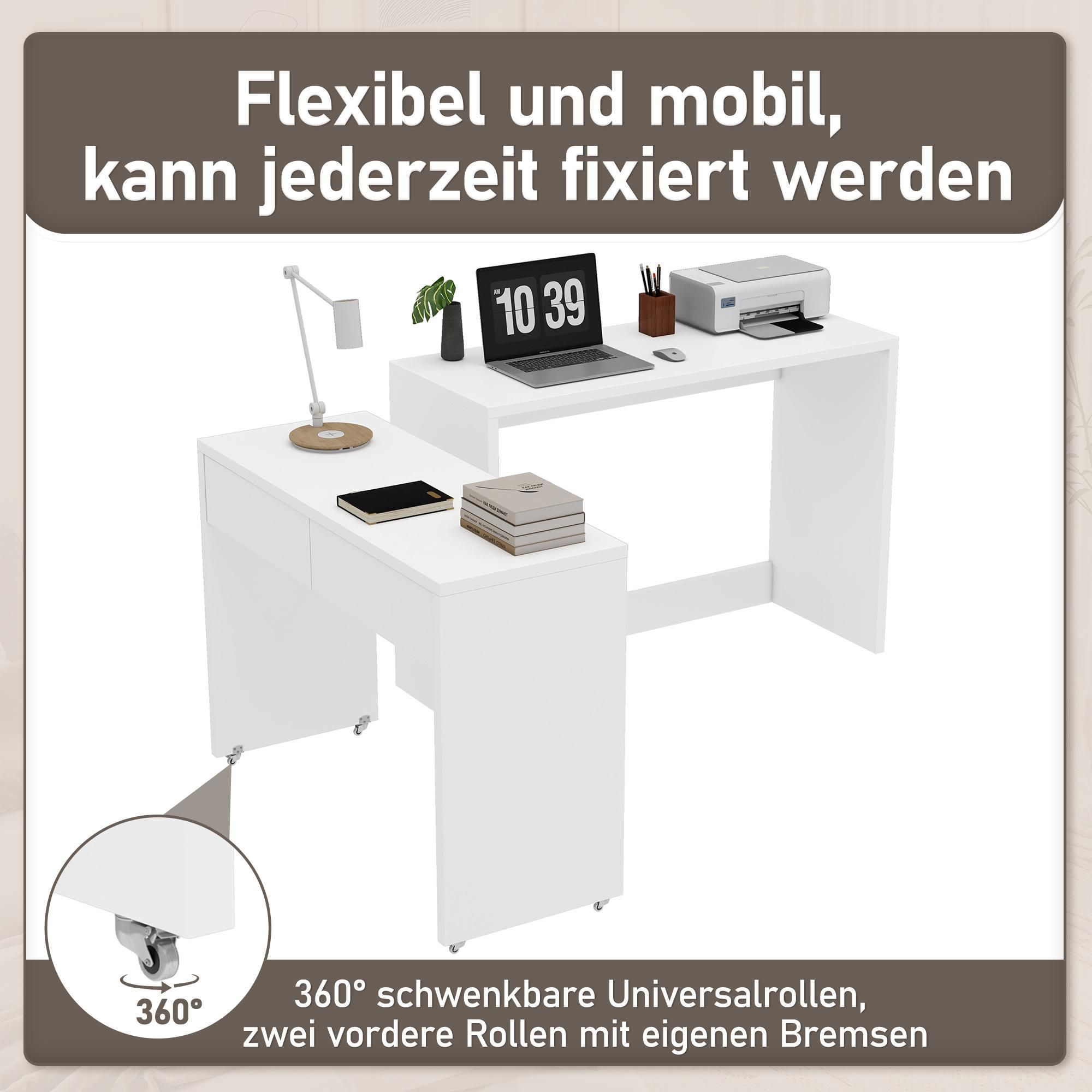 Merax 2-in-1 Schreibtisch auf Rollen, Erweiterbarer Arbeitsplatte, L-förmiger Computertisch, Beistelltisch mit Schublade, Weiß