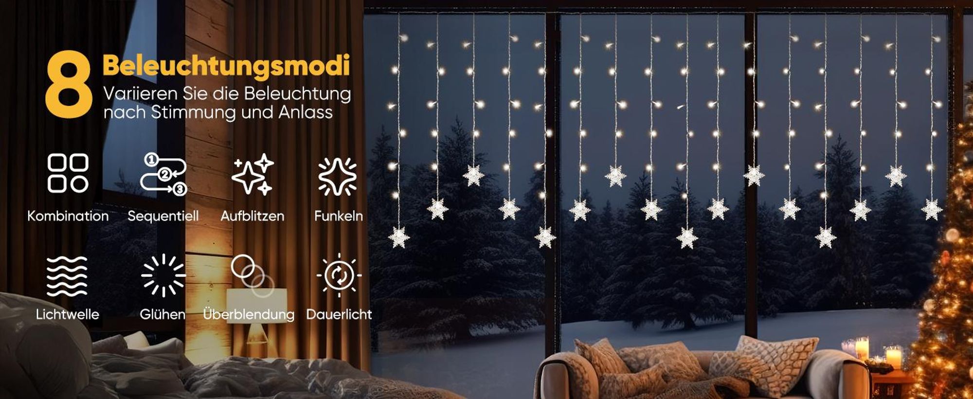 LED Schneeflocke Lichterkette Weiß Lichtervorhang 8 Lichtmodi Innen Party Garten Fenster Weihnachten Beleuchtung