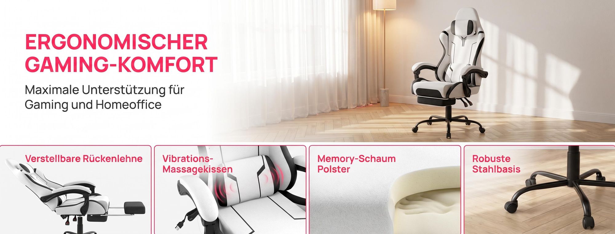 ROSEJANE Ergonomischer Gaming Stuhl mit Massagefunktion & Fußstütze, Verstellbare Rückenlehne 90°-135°, Gaming Sessel mit Kopf- und Lendenkissen, Schwarz Weiß