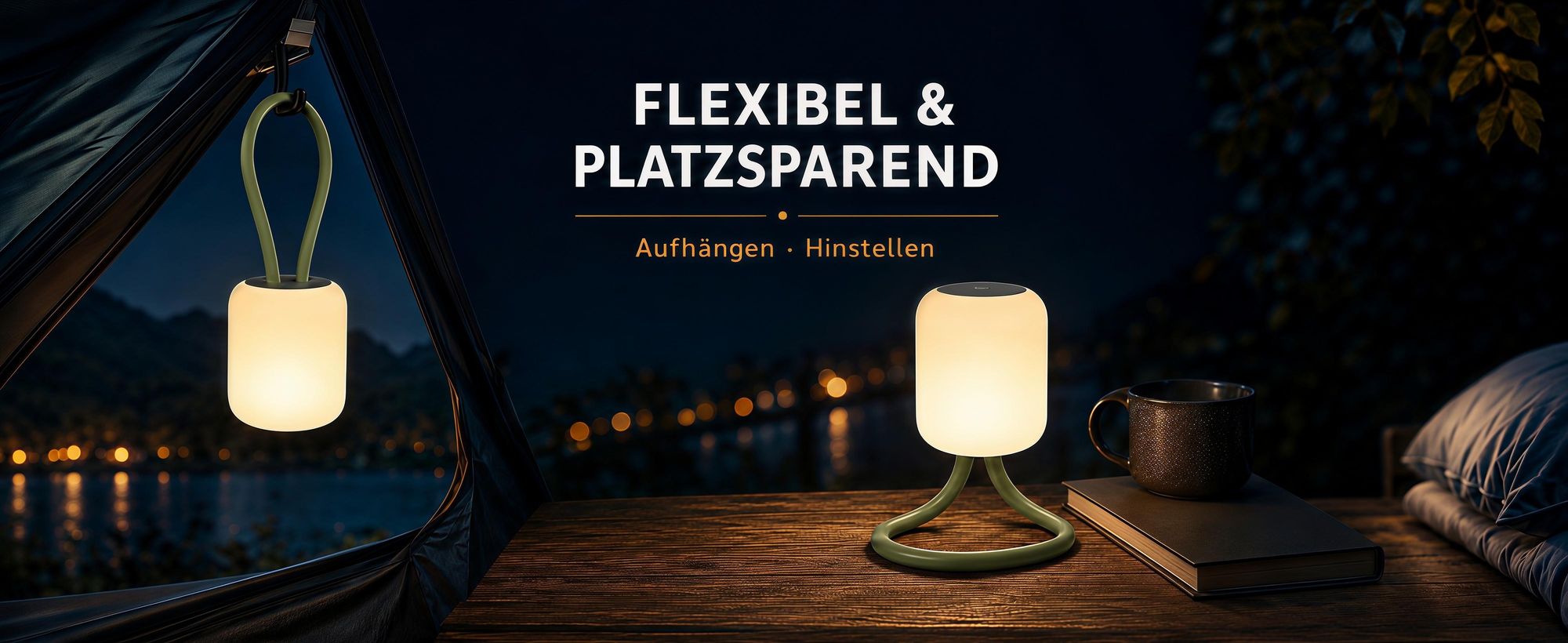 2er LED Campinglampe,USB-Aufladung Nachtlicht,flexible Outdoorlampe zum Aufhängen,Hinstellen und Montieren,dimmbare Handyhalter Campingleuchte