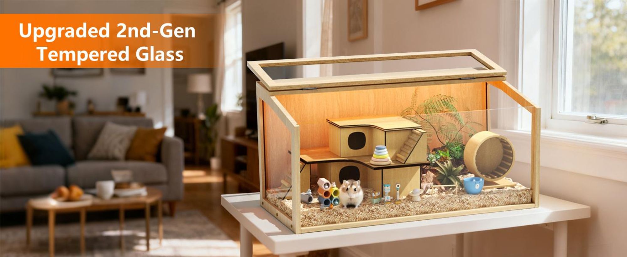 WISFOR Hamsterkäfig mit LED Leuchte, Kleintierhaus aus Holz, Mäusekäfig mit klappbarem Deckel, Sichtfenster, 60 x 40 x 40 cm