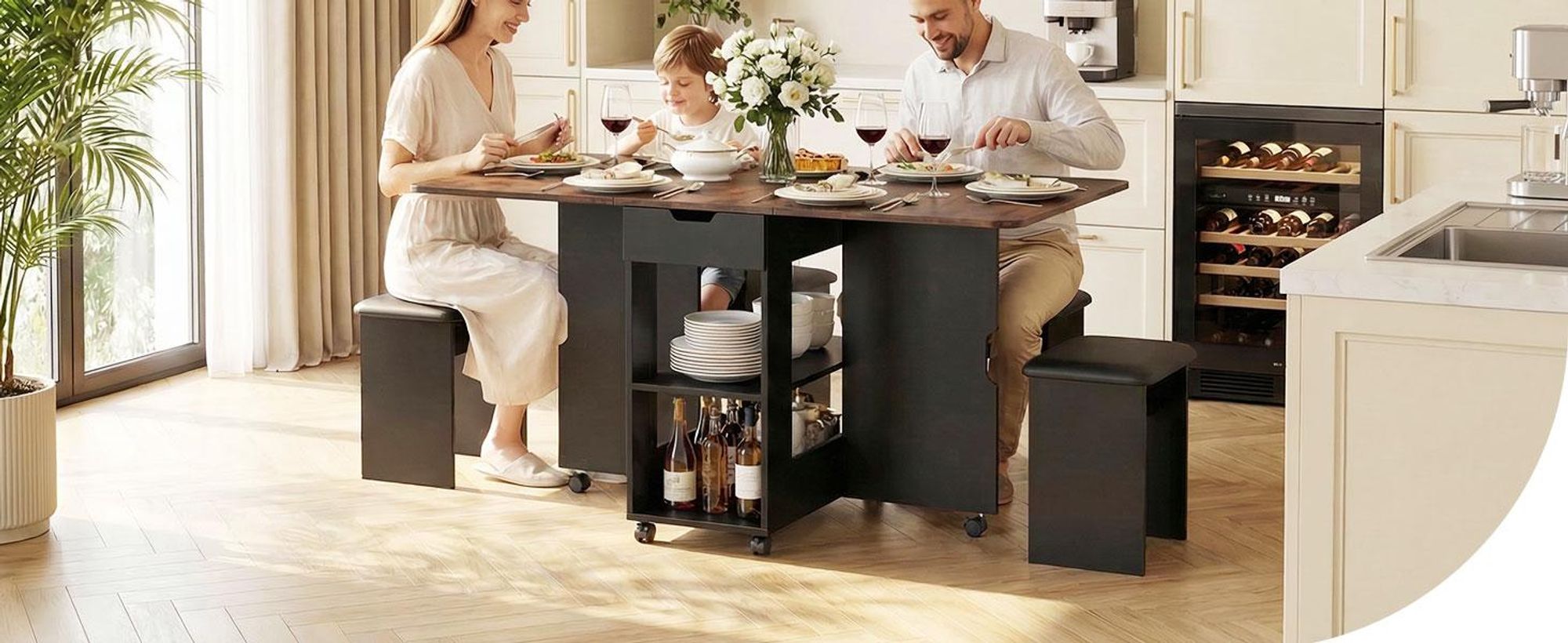 Mondeer Essgruppe Klapp-Essgruppe mit 4 Polsterhocker – Platzsparend, Rollen, 2 Schubladen & Ablageflächen 140x80 cm Braun und Schwarz