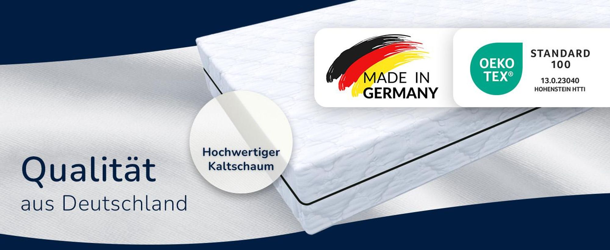 Ecke eines Toppers im Anschnitt, daneben zwei Siegel und ein Hinweis zum Schaumkern