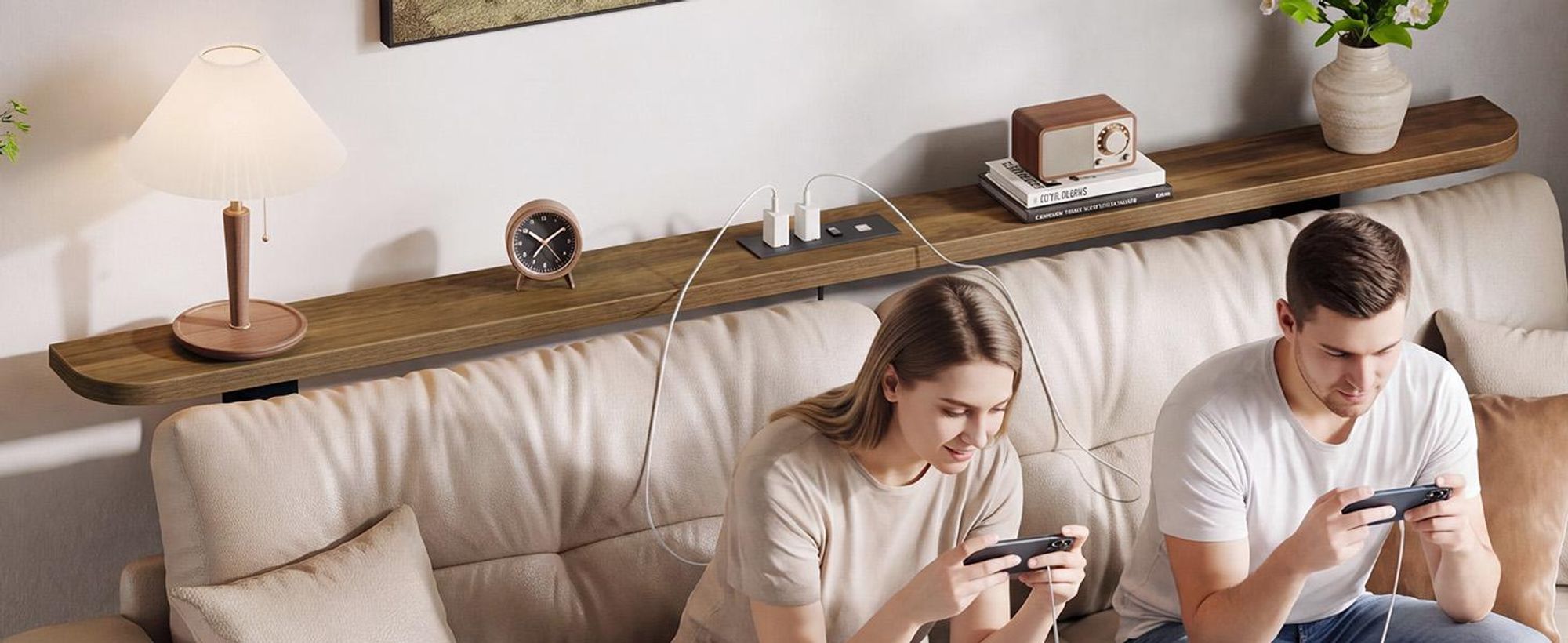 180 cm langer Konsolentisch für hinter das Sofa mit Steckdosen – schmaler Sofatisch, mit Metallgestell und Kippschutz– Rustikales Braun & Schwarz