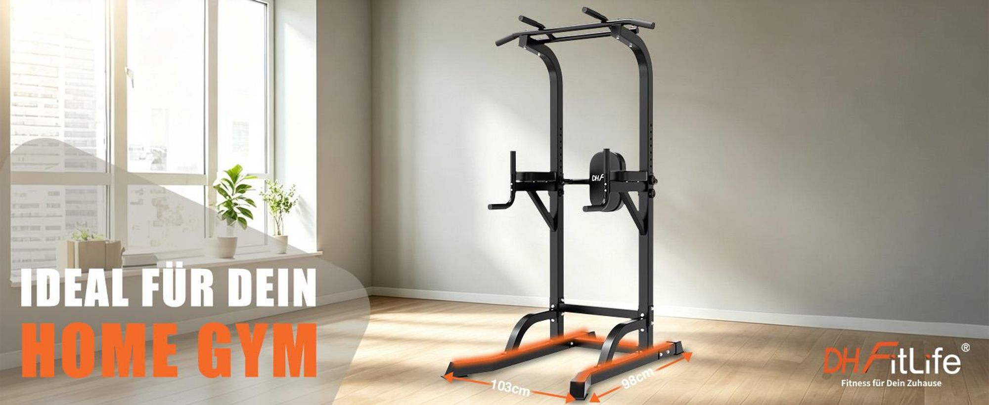 DH FitLife Premium Power Tower, Klimmzugstation mit Dip Station, 10-fach höhenverstellbar 185–222 cm, 50×50 mm Stahlprofil, Kraftstation für Home Gym