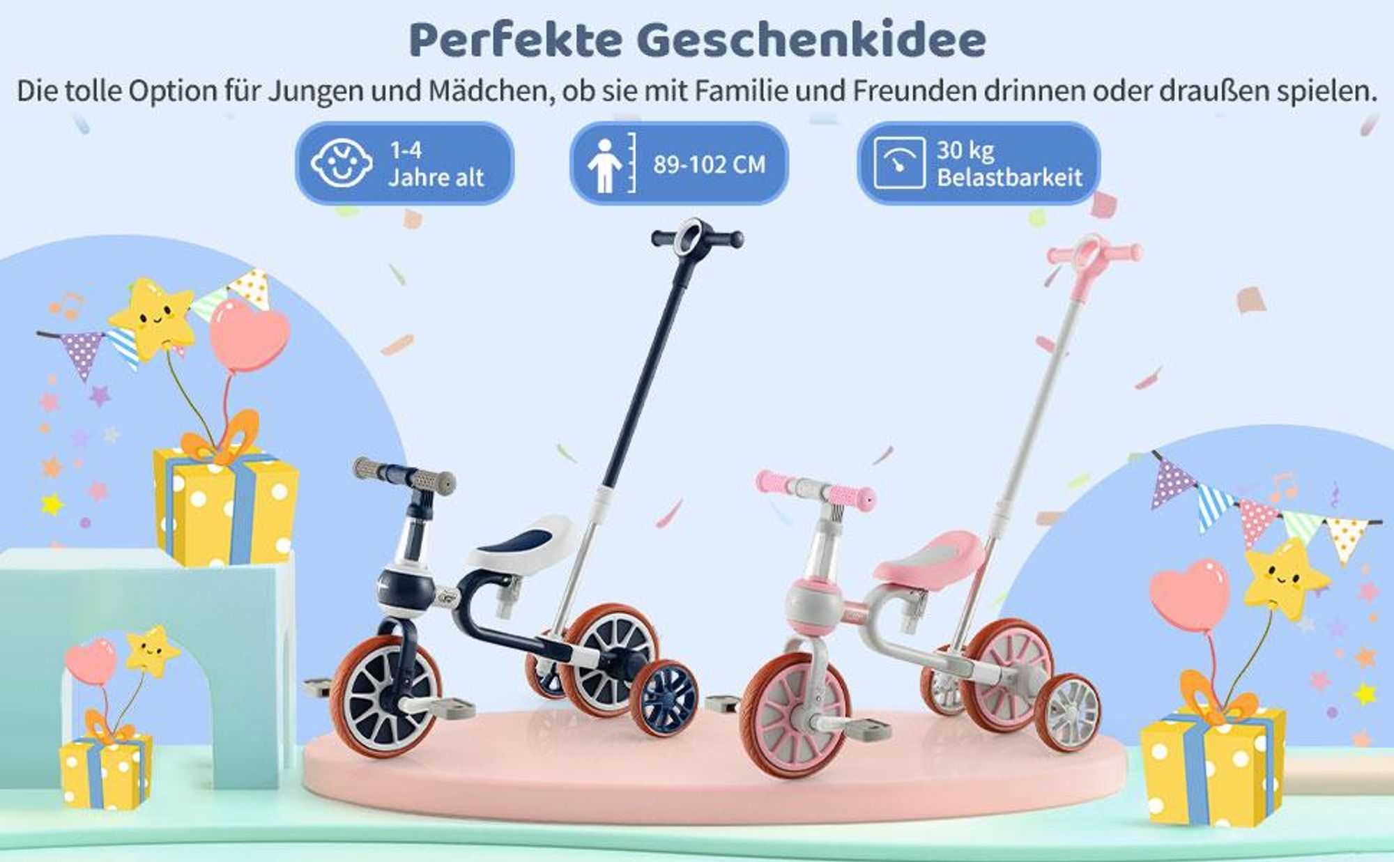 COSTWAY 4 in 1 Kinder Dreirad, Laufrad mit höhenverstellbarer Schiebegriff&Sitz, abnehmbaren Pedalen, Balance Bike, Laufräder für Kinder 2-4 Pink