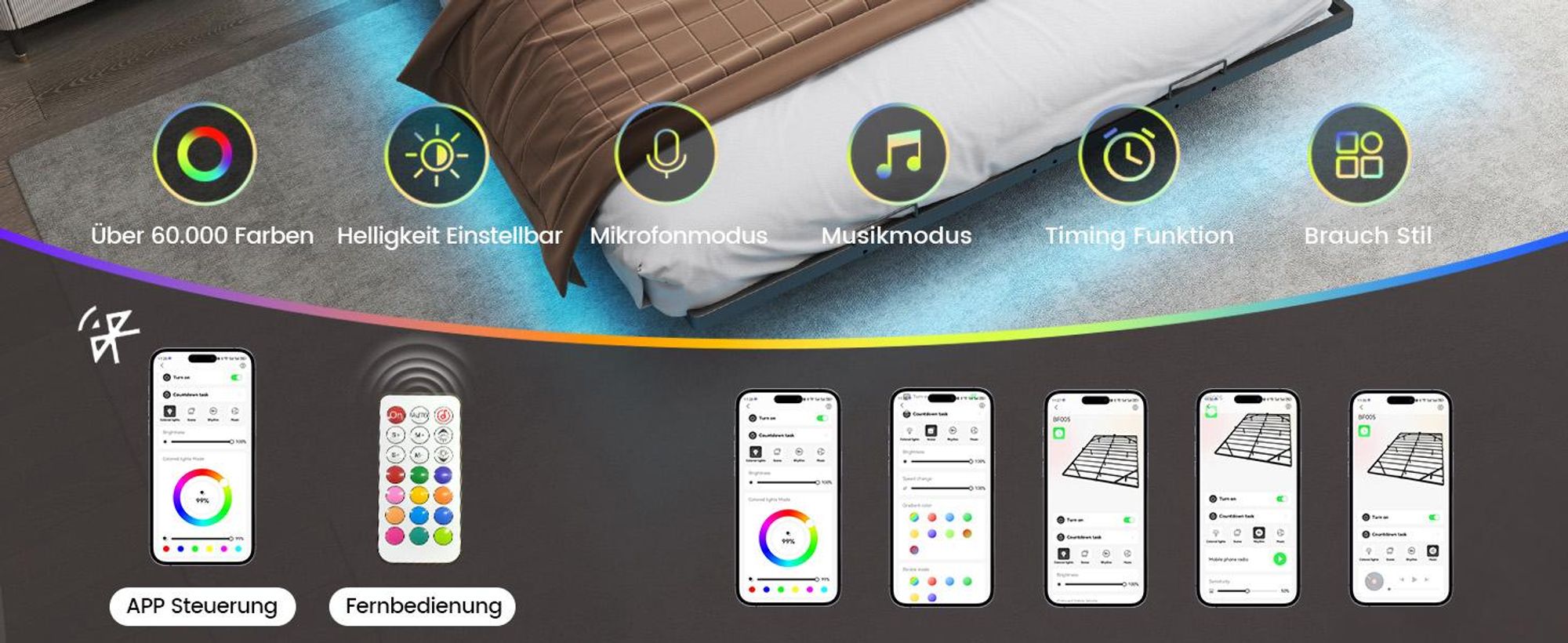 COMHOMA Bettrahmen Metallbett Gästebett Bettgestell aus Metall, mit LED & Steckdosen, Jugendbett 90x200, App & Fernbedienung, stabile Konstruktion