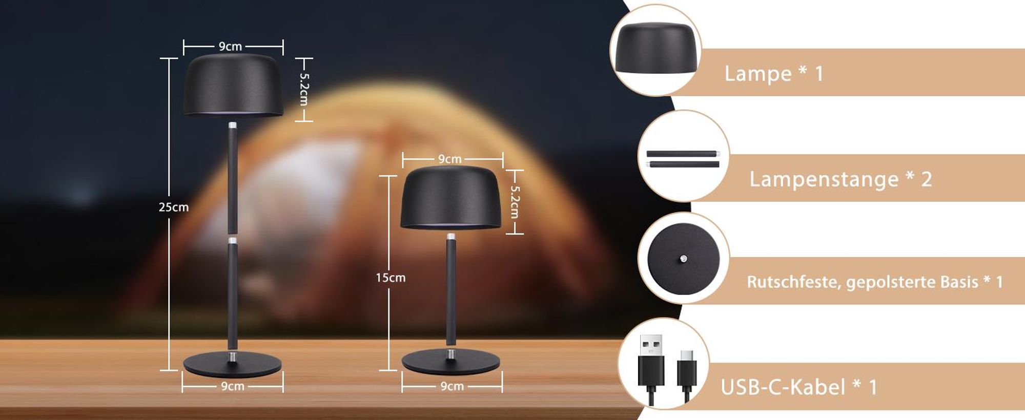 Lámpara de noche LED ZMH, lámpara de mesa inalámbrica, regulable mediante sensor táctil, con 3 temperaturas de color, altura ajustable, recargable por USB, batería integrada, resistente al agua, color negro