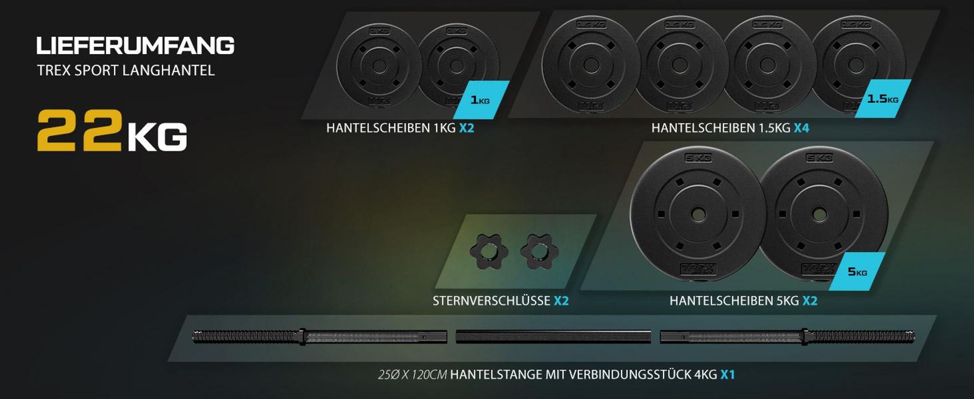 TREX SPORT Langhantel Set TX-022SE | Hantelset 22 kg mit Langhantelstange 120 cm, Kunststoff Hantelscheiben, Sternverschlüsse | Home Gym Krafttraining