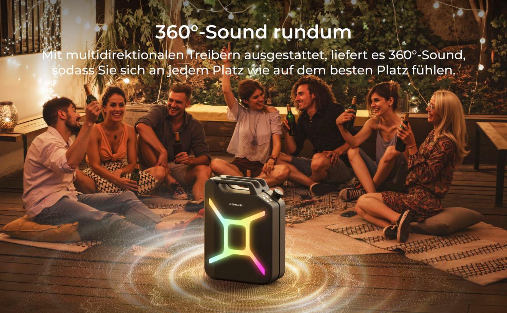 ULTIMEA Go tragbarer Party-Lautsprecher, 300 W Bluetooth PartyBox mit Bass-Boost, RGB-Beleuchtung, Mikrofon-/Gitarreneingang, Party & Outdoor, Schwarz