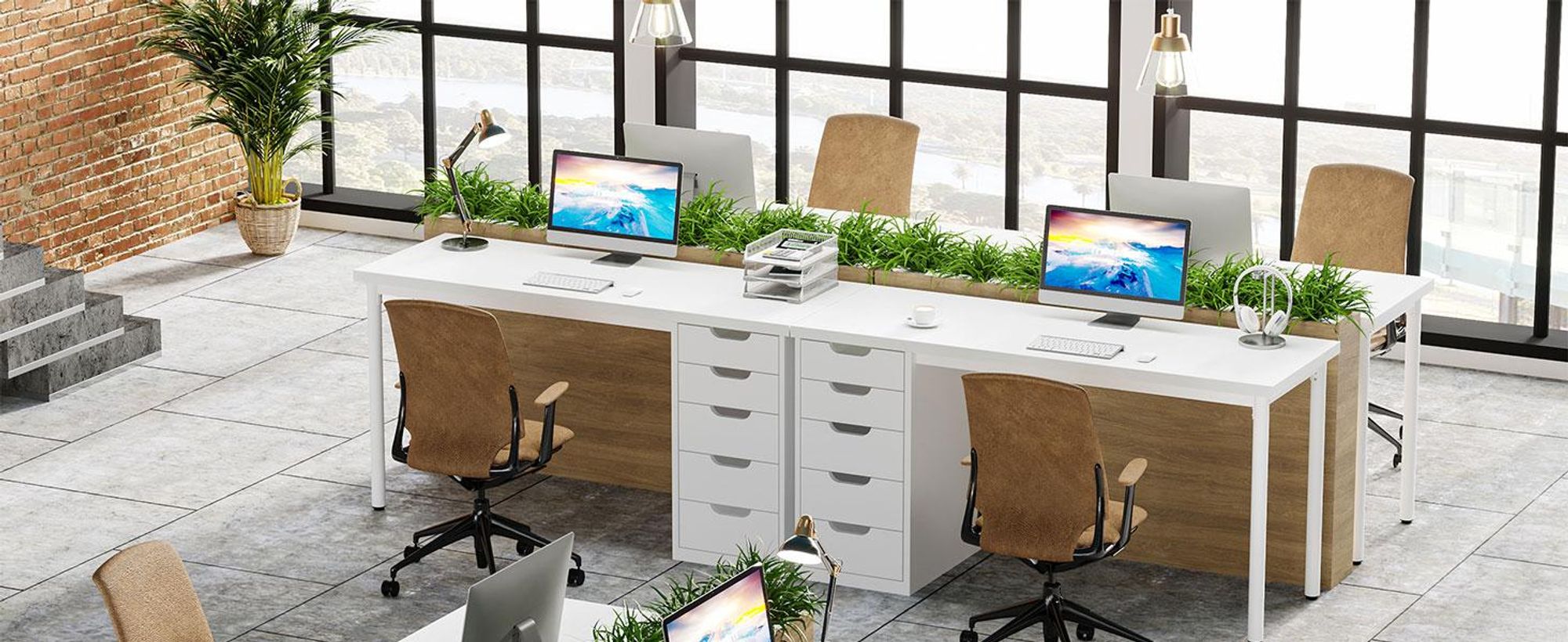Computertisch mit 5 Schubladen, 120 cm weißer, moderner, schlichter Schreibtisch mit Metallgestell, Arbeitstisch für das Homeoffice