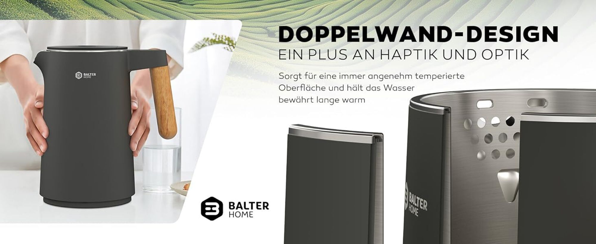 BALTER Edelstahl Wasserkocher mit Temperatureinstellung, 45°C-100°C, Doppelwand, BPA frei, Warmhaltefunktion, 1.5L, 2200W, Grau