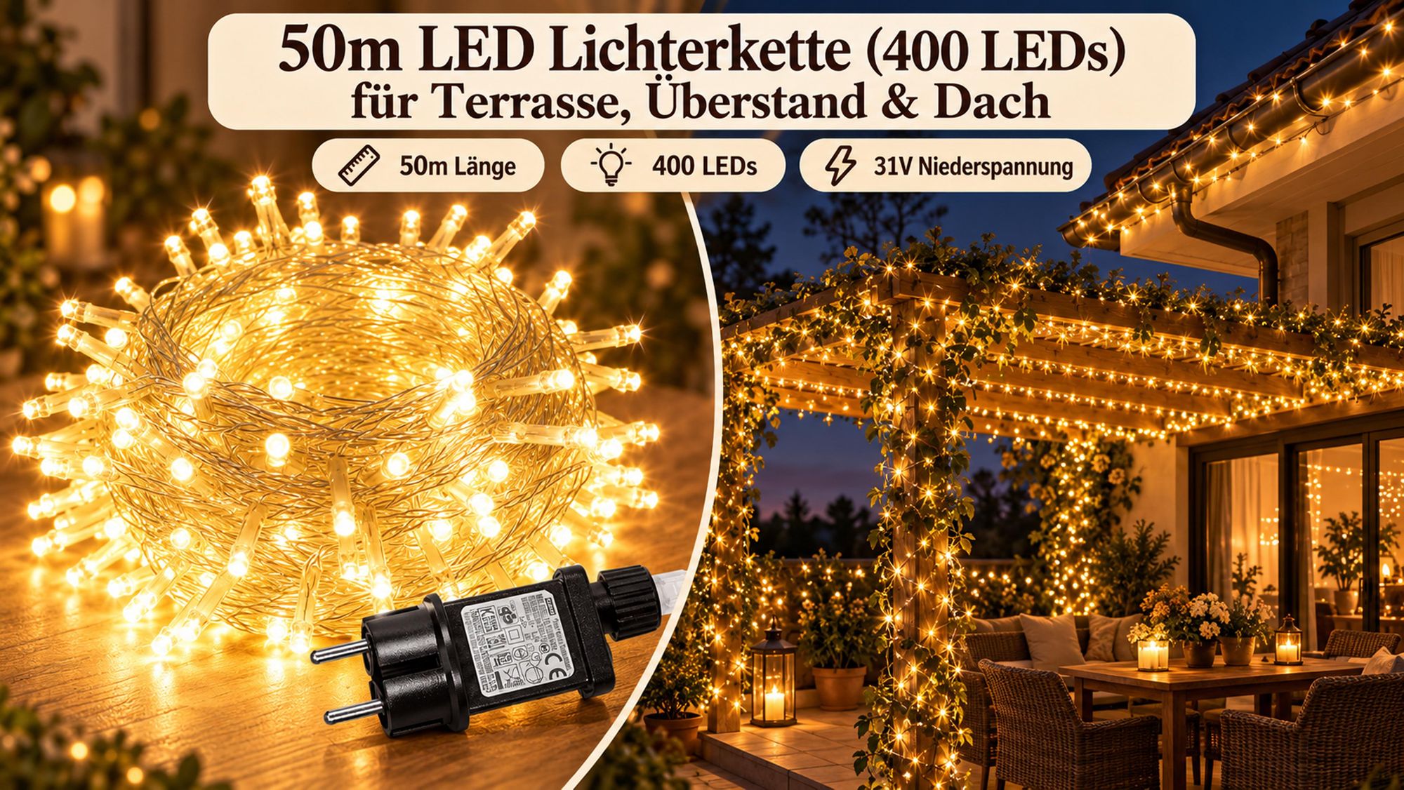 50M 400LEDs 8 Modi Lichterkette Strom, Timer, Merkfunktion, LED Weihnachten Lichterkette Party Deko Licht Weihnachtsbaum Garten Beleuchtung, Warmweiß