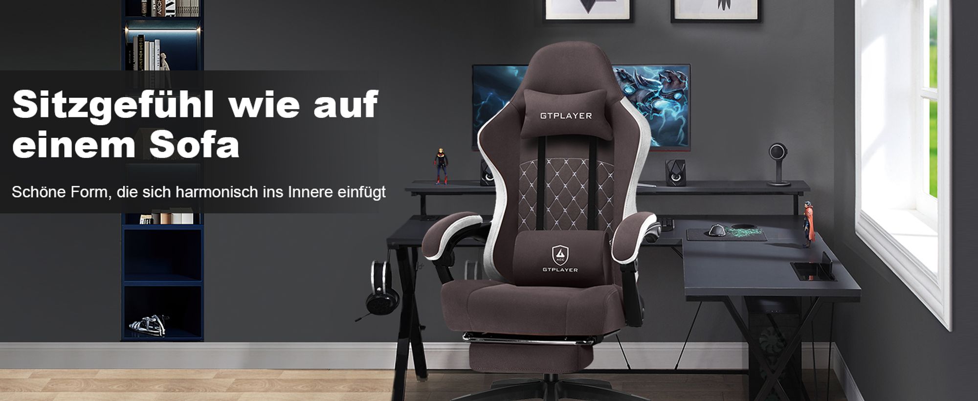 PLAYER Gaming Stuhl Ergonomischer Gaming Sessel Schreibtischstuhl PC Gamer Racing Stuhl mit Stoffoberfläche, Federsitzkissen, Verbindungsarmlehnen
