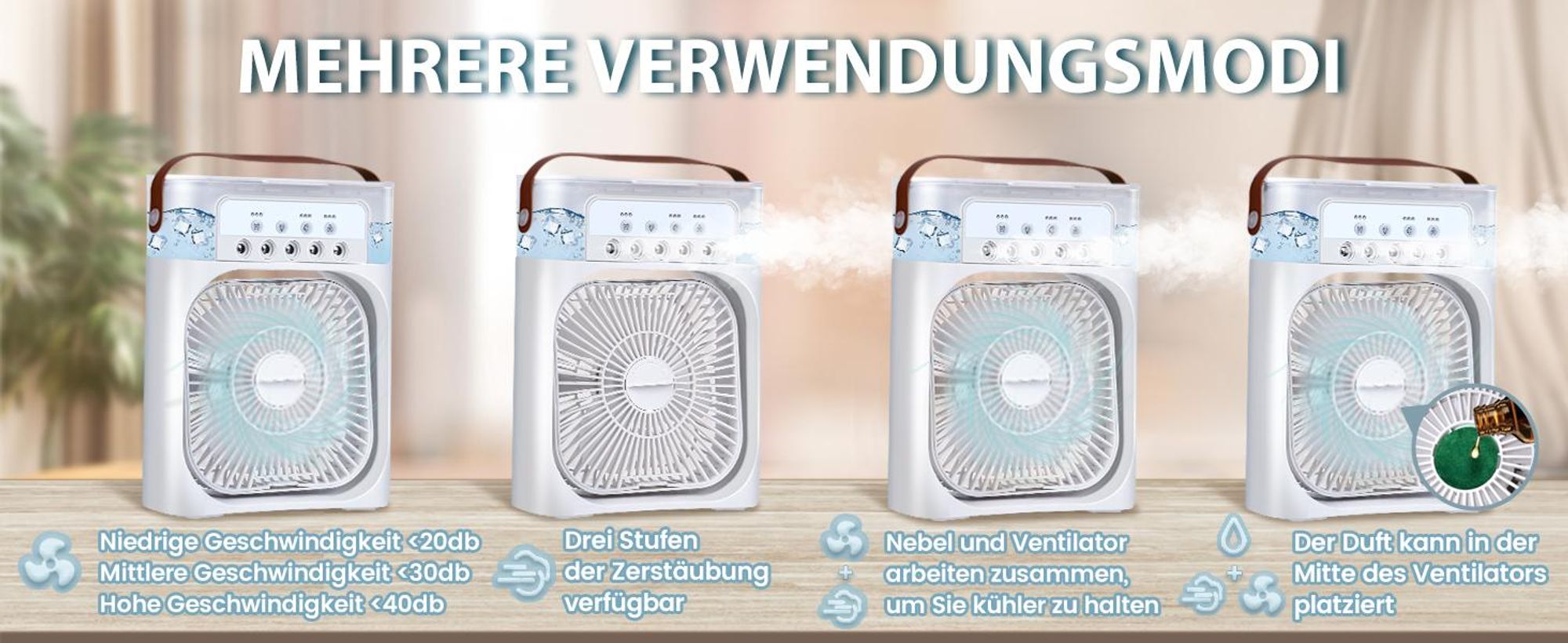 Standventilatoren, Luftkühler mit Wasserkühlung, Ventilator, mit 600 ml Wassertank, 3 Geschwindigkeiten, 7 Farben Nachtlicht, mit Wassernebel Spray