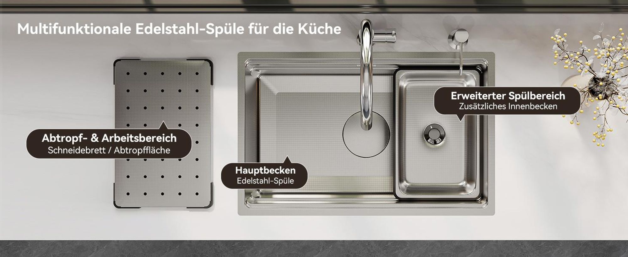 HOROW 70×45 cm Küche Spülbecken, Edelstahl Einbauspüle, Küchenspüle inkl. Abtropffläche, Ersatz-Innenspüle und Siphon